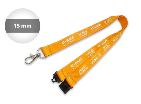 Polyesterband A 15 mm bedruckt, konfektioniert mit Sollbruchstelle, Karabinerhaken