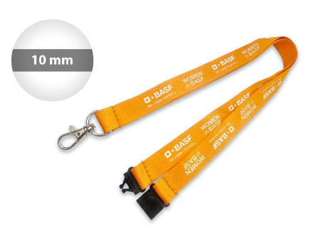 Polyesterband 10 mm bedruckt, konfektioniert mit Sollbruchstelle, Karabinerhaken