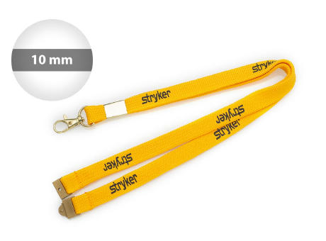 Senkelband A 10 mm bedruckt konfektioniert, mit Sollbruchstelle, Karabinerhaken