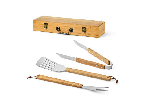Turner Barbecue-Set aus Bambus. Mit Etui, Zange, Gabel und Spatel