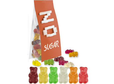 Gummibärchen zuckerfrei, ca. 40g, Express Blockbodenbeutel mit Werbereiter