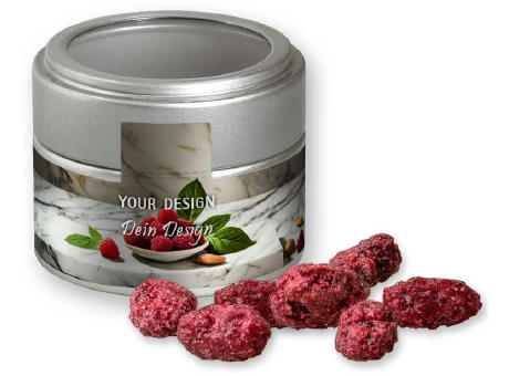Gebrannte Mandeln Himbeere, ca. 60g, Metalldose Mini mit Sichtfenster silber