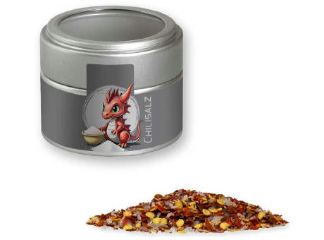 Gewürzmischung Chili-Salz, ca. 45g, Metalldose Mini mit Sichtfenster silber
