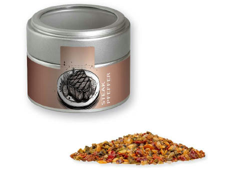 Gewürzmischung Steak Pfeffer, ca. 60g, Metalldose Mini mit Sichtfenster silber