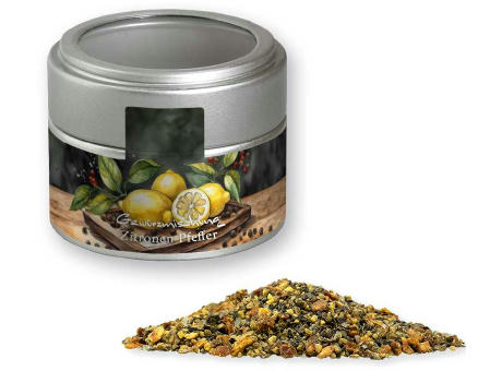 Gewürzmischung Zitronen-Pfeffer, ca. 60g, Metalldose Mini mit Sichtfenster silber