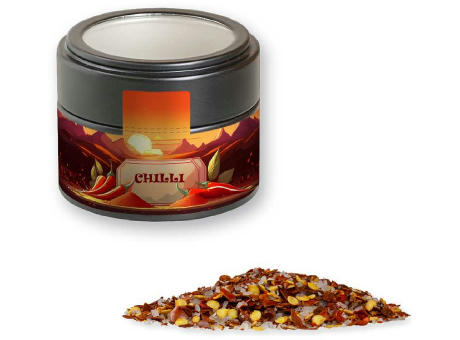 Gewürzmischung Chili-Salz, ca. 45g, Metalldose Mini mit Sichtfenster schwarz