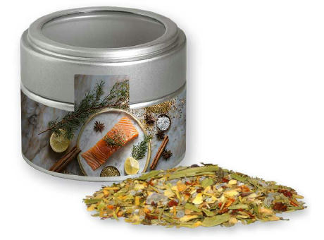Weihnachts Gewürzmischung Fisch, ca. 55g, Metalldose Mini mit Sichtfenster silber