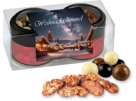 Knusper Weihnachtsset mit feuergebrannten Mandeln und Knusperkugeln im MIx, ca. 105g, Metalldose Mini mit Sichtfenster im 2er Set