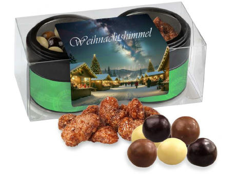 Knusper Weihnachtsset mit feuergebrannten Mandeln und Knusperkugeln im MIx, ca. 105g, Metalldose Mini mit Sichtfenster im 2er Set