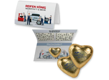 Goldenes Schoko-Herz, ca. 9g, Werbekarte A6 gefaltet