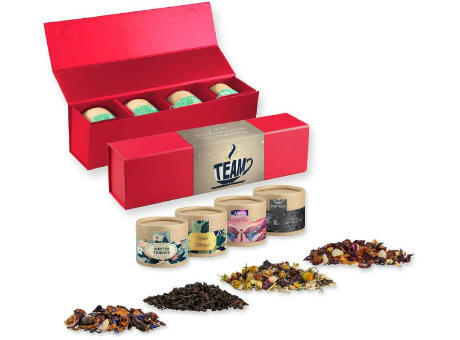 Verschiedene Teesorten, , ca. 60-140g, Geschenk-Set Premium rot mit Magnetverschluss und 4 Kraftpapierdosen Mini