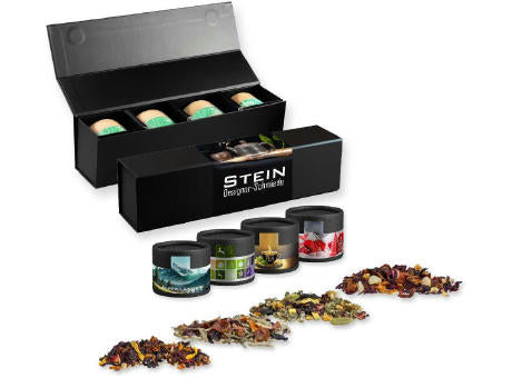 Verschiedene Teesorten, , ca. 60-140g, Geschenk-Set Premium schwarz mit Magnetverschluss und 4 Kraftpapierdosen Mini