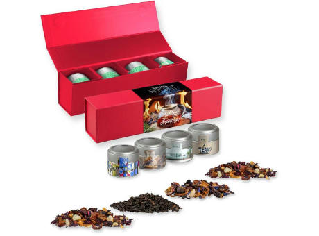 Verschiedene Teesorten, , ca. 60-140g, Geschenk-Set Premium rot mit Magnetverschluss und 4 Metalldosen Mini mit Sichtfenster