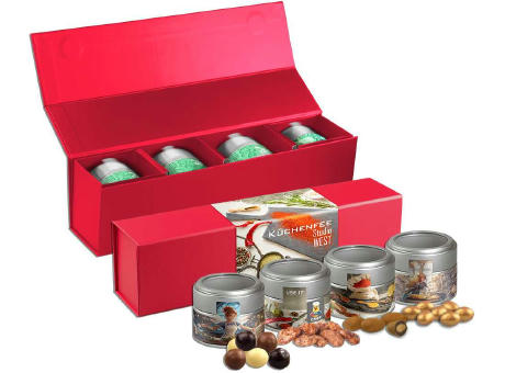 Knusper Weihnachts-Geschenkset Premium, ca. 225g, Geschenk-Set Premium rot mit Magnetverschluss und 4 Metalldosen Mini mit Sichtfenster