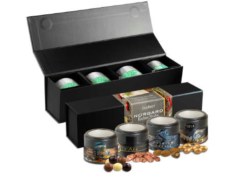 Knusper Weihnachts-Geschenkset Premium, ca. 225g, Geschenk-Set Premium schwarz mit Magnetverschluss und 4 Metalldosen Mini mit Sichtfenster