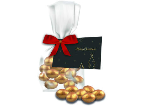 Goldene Salted Caramel Mandeln, ca. 30g, Express Flachbeutel mit Schleife mit Werbekarte