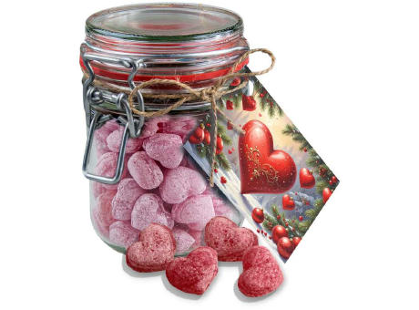 Glühwein Herzen, ca. 250g, Bonbonglas Maxi mit Werbekarte