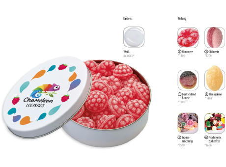 Runddose 99, weiß 120 g, Inhalt: Bonbons Früchtemix zuckerfrei