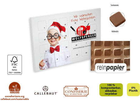 Tisch Adventskalender aus Reinpapier individuell bedruckt, 48 g, Inhalt: Callebaut Vollmilch Schokolade Kalender