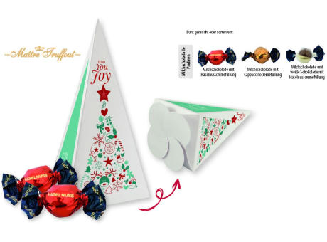 Weihnachtspralinés in Motivkartonage "Tannenbaum", 8 Stück, Inhalt: Pralinen Milchschokolade mit Cappuccinocremefüllung