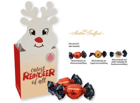 Weihnachtspralinés in Motivkartonage "Rentier", 5 Stück, Inhalt: Pralinen Milchschokolade mit Cappuccinocremefüllung