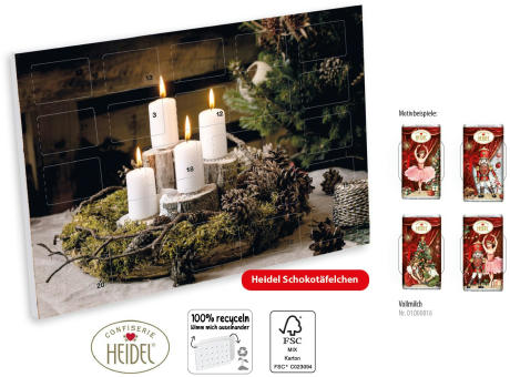 Wand Adventskalender HEIDEL Schokotäfelchen individuell bedruckt, 72 g, Inhalt: Heidel Schokoladentäfelchen