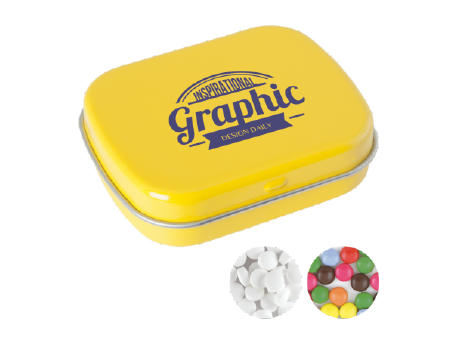 Scharnierdose,standardmäßig gefüllt mit DutchDex Dextrose-Minzbonbons (MADE IN HOLLAND). Optional mit verschiedenen europäischen Füllungen