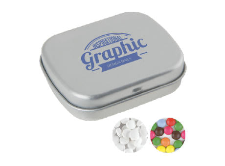 Scharnierdose,standardmäßig gefüllt mit DutchDex Dextrose-Minzbonbons (MADE IN HOLLAND). Optional mit verschiedenen europäischen Füllungen