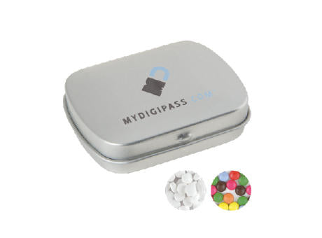 Gewölbte Scharnierblechd, standardmäßig gefüllt mit DutchDex Dextrose-Minzbonbons (HERGESTELLT IN DEN NIEDERLANDEN). Optional mit verschiedenen europä