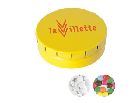 Runde Click-Blechdose (Ø 45 mm) standardmäßig gefüllt mit DutchDex Dextrose-Minzbonbons.Optional mit verschiedenen europäischen Füllungen erhältlich.