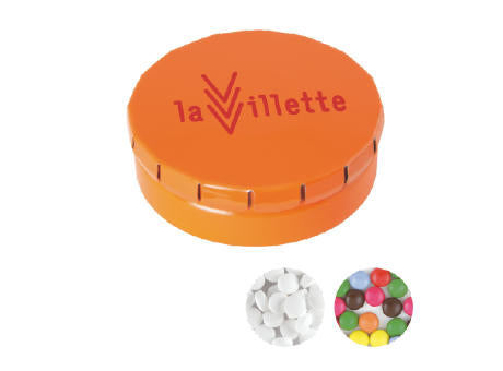 Runde Click-Blechdose (Ø 45 mm) standardmäßig gefüllt mit DutchDex Dextrose-Minzbonbons.Optional mit verschiedenen europäischen Füllungen erhältlich.