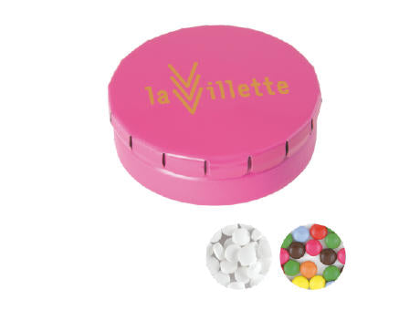 Runde Click-Blechdose (Ø 45 mm) standardmäßig gefüllt mit DutchDex Dextrose-Minzbonbons.Optional mit verschiedenen europäischen Füllungen erhältlich.