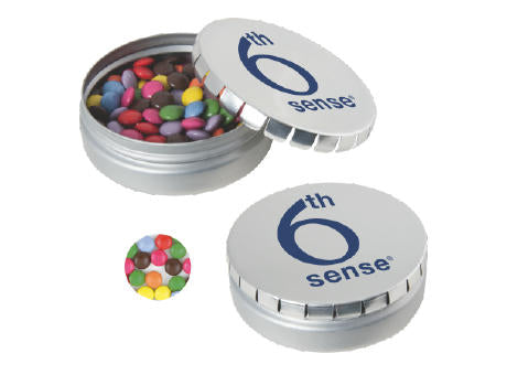 Runde Click-Blechdose (Ø 75 mm) standardmäßig gefüllt mit DutchDex Dextrose-Minzbonbons. Optional mit verschiedenen Füllungen erhältlich