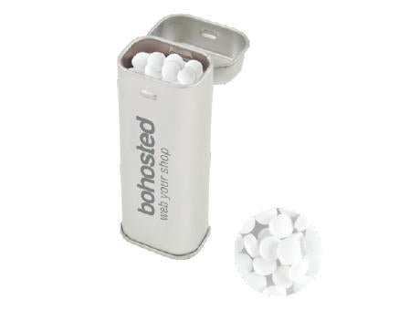 Easy Tin mit Scharnier standardmäßig gefüllt mit DutchDex Dextrose-Minzbonbons. Optional mit verschiedenen Füllungen erhältlich
