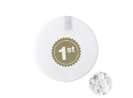 Mintdispenser rund mit ca. 8 gr. Minties zuckerfrei und Zutatenaufkleber
