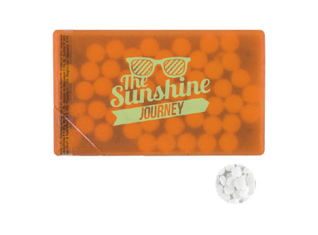 Mintdispenser Kreditkarte mit ca. 8 gr. Minties zuckerfrei und Zutatenaufkleber