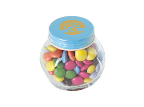 Bonbonglas mini gefüllt mit ca. 40 gr. Schokocarletties mit farbigem Deckel