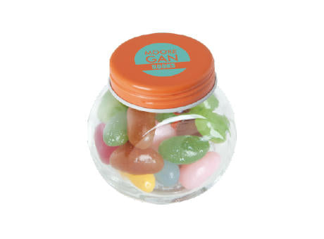 Bonbonglas mini gefüllt mit ca. 40 gr. Jelly Beans mit farbigem Deckel