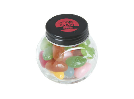 Bonbonglas mini gefüllt mit ca. 40 gr. Jelly Beans mit farbigem Deckel