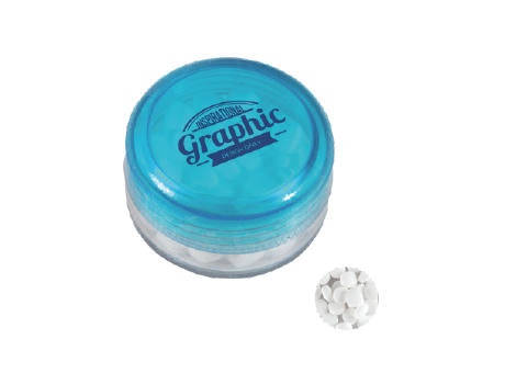 Runde Plastikdose mit farbigem Deckel gefüllt mit ca. 12 gr. extra strong Minties `Triangle`