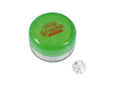 Runde Plastikdose mit farbigem Deckel gefüllt mit ca. 12 gr. extra strong Minties `Triangle`