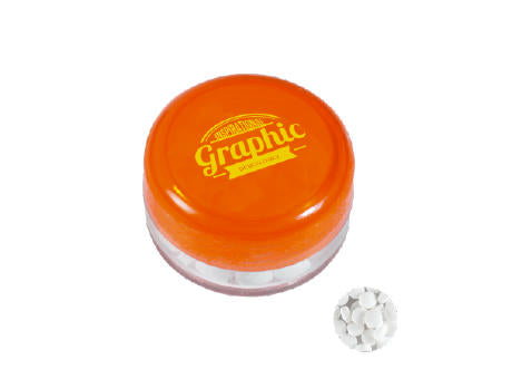 Runde Plastikdose mit farbigem Deckel gefüllt mit ca. 12 gr. extra strong Minties `Triangle`