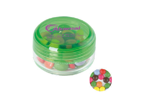 Runde Plastikdose mit farbigem Deckel gefüllt mit ca. 12 gr. Schokocarletties