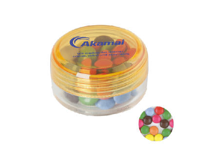 Runde Plastikdose mit farbigem Deckel gefüllt mit ca. 12 gr. Schokocarletties