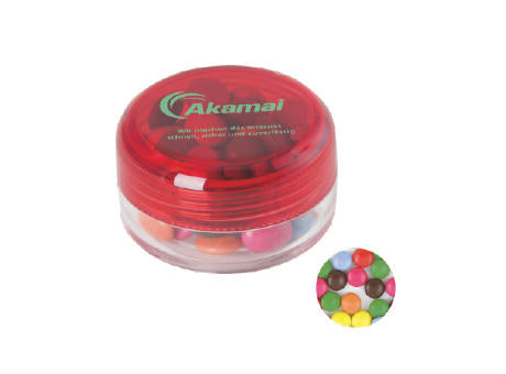 Runde Plastikdose mit farbigem Deckel gefüllt mit ca. 12 gr. Schokocarletties