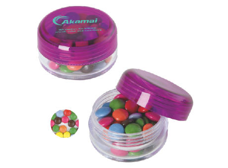 Runde Plastikdose mit farbigem Deckel gefüllt mit ca. 12 gr. Schokocarletties