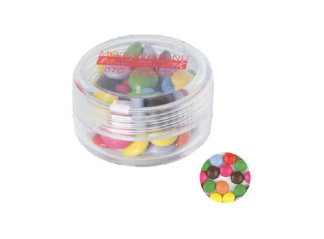 Runde Plastikdose mit farbigem Deckel gefüllt mit ca. 12 gr. Schokocarletties