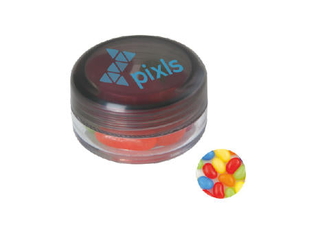 Runde Plastikdose mit farbigem Deckel gefüllt mit ca. 12 gr. Jelly Beans