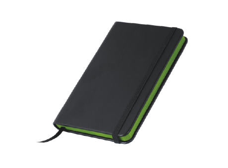 Notizbuch A6 schwarz mit Gummiband, Farbschnitt und Leseband, 60 Seiten