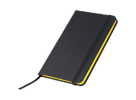 Notizbuch A6 schwarz mit Gummiband, Farbschnitt und Leseband, 60 Seiten
